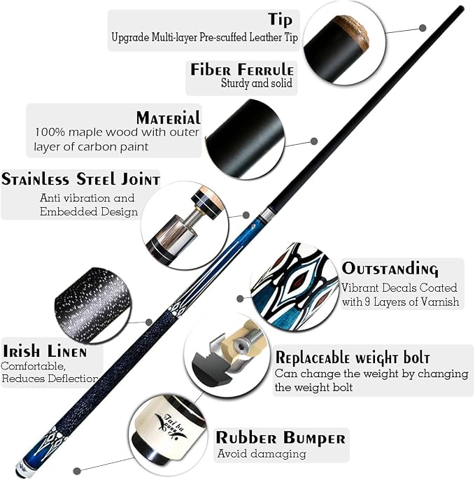 Tai ba cues Pool cue Stick, 13mm Multilayer Leather Tip, 58", Linen Wrap, Hardwood Canadian Maple Professional Billiard Pool Cue Stick 19-21 Oz (Selectable)