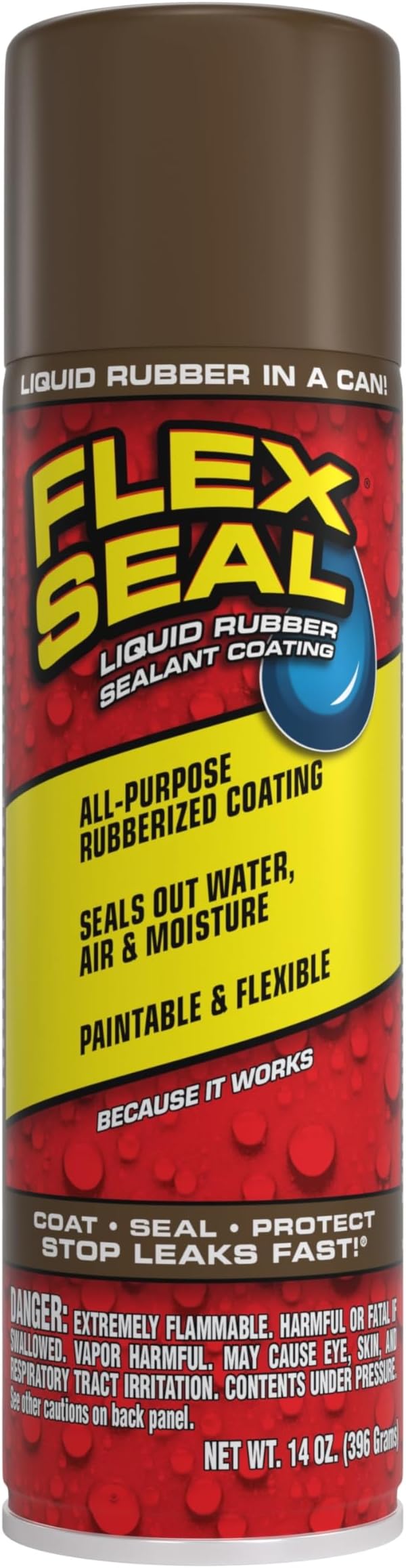 Flex Seal, 14 oz, Brown, Stop Leaks Instantly, Waterproof Rubber Spray On Sealant Coating, Perfect for Gutters, Wood, RV, Campers, Roof Repair, Skylights, Windows, and More