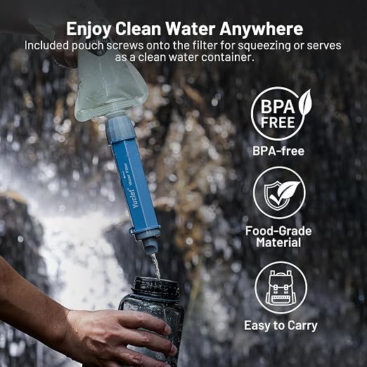 Squeeze Water Filtration System for Hiking, Camping, Travel, and Emergency Preparedness (5 Water Filter Straw, 4 Squeezable 34-Oz Water Pouch)