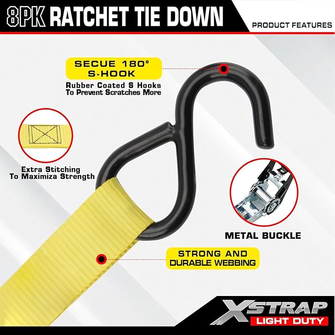XSTRAP STANDARD 8-Pack Ratchet Tie Down Straps, 1" x 10ft, 900lb Break Strength Heavy Duty Straps for Motorcycles, ATVs, Lawn Equipment, Appliances & Truck Cargo - Yellow