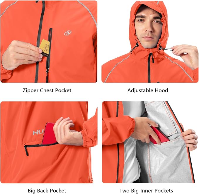 Hugut Men's Cycling Running Rain Jacket Lightweight Waterproof Biking Hiking Windbreaker Raincoat Reflective Packable
