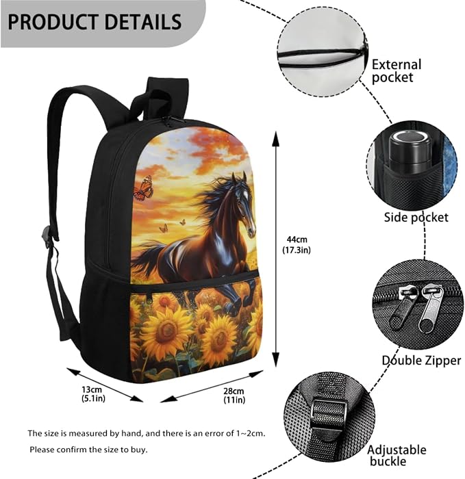 Horse Backpack for Girls School Bags with Lunch Bag Pencil Case and Water Bottle Holder Sunflower Bookbag Purse Large Capacity School Supplies 4 in 1