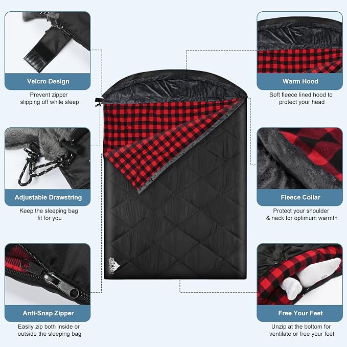 Cotton Flannel Double Sleeping Bag with Fleece Lined Hood, Waterproof Queen Size 2 Person Sleeping Bag for Adults Cold Weather Camping Backpacking or Hiking, 3-4season