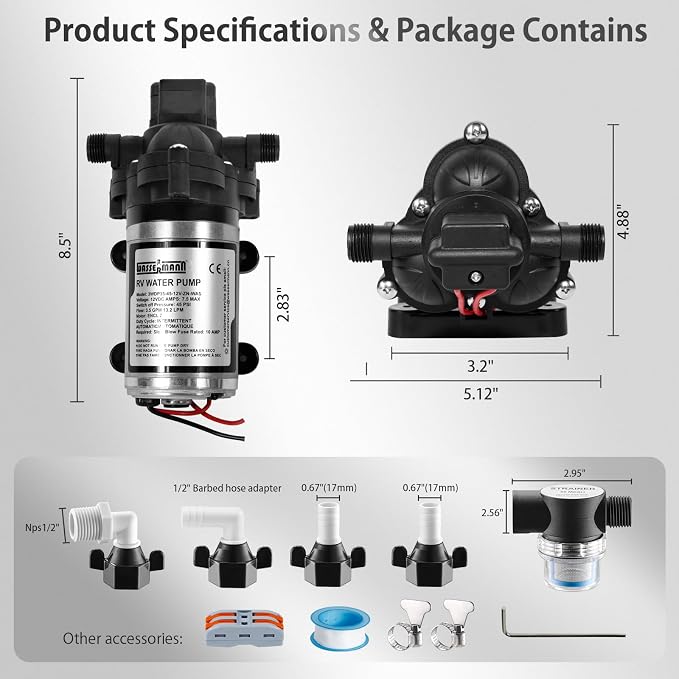 WASSERMANN RV Water Pump 12V DC 2088-554-144 Replacement, 3.5 GPM 45PSI, Quiet Water Pump for RV, Camper, Self-priming RV Water Pressure Pump, Food Truck Travel Trailer RV Water Pumps with Acessories