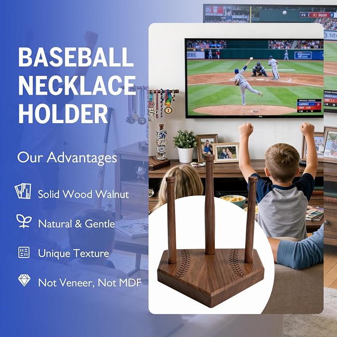 Walnut Wooden Baseball Ring Holder, Softball Championship Ring Organizer Display, Solid Wood Baseball Ring Holder Gift for Boys Girls, Baseball Accessories Storage - Three Poles
