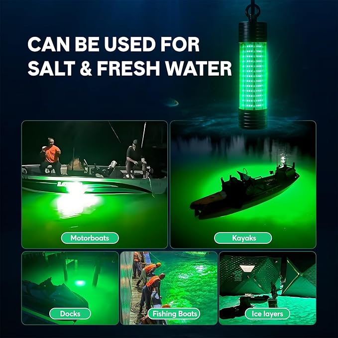 150W 20000LM Green Underwater Fishing Light,Submersible LED Light with Tow Rope for Dock Boat Shore Night Fishing,Fresh & Salt Water Fish Attractor Light 33ft Cable