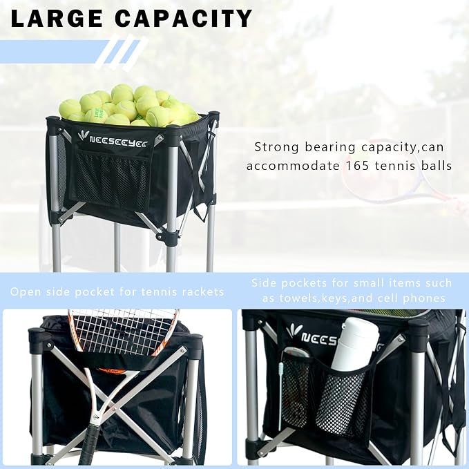 Portable Tennis Ball Hopper Tennis Ball Basket with Wheels Basket Hold Up to 160 Racquetball, Pickleball, Baseball, Badminton