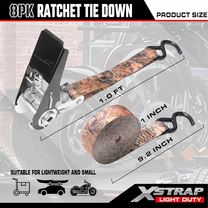 XSTRAP STANDARD 8-Pack Ratchet Tie Down Straps, 1" x 10ft, 900lb Break Strength Heavy Duty Straps for Motorcycles, ATVs, Lawn Equipment, Appliances & Truck Cargo - Camouflage