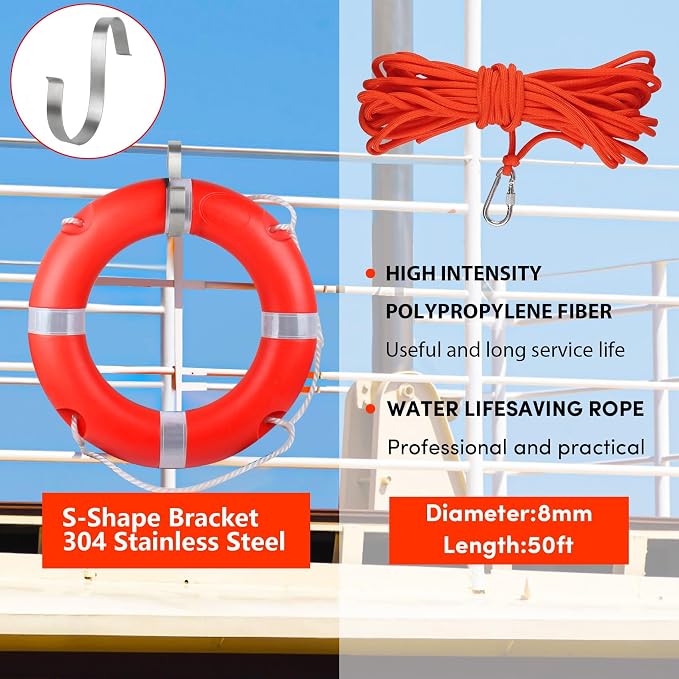 Life Ring 23"/28" Boat Safety Throw Buoy with Reflective Tape & Grab Lines - Orange Life Rings for Boats,Includes Water Floating Saving Rope