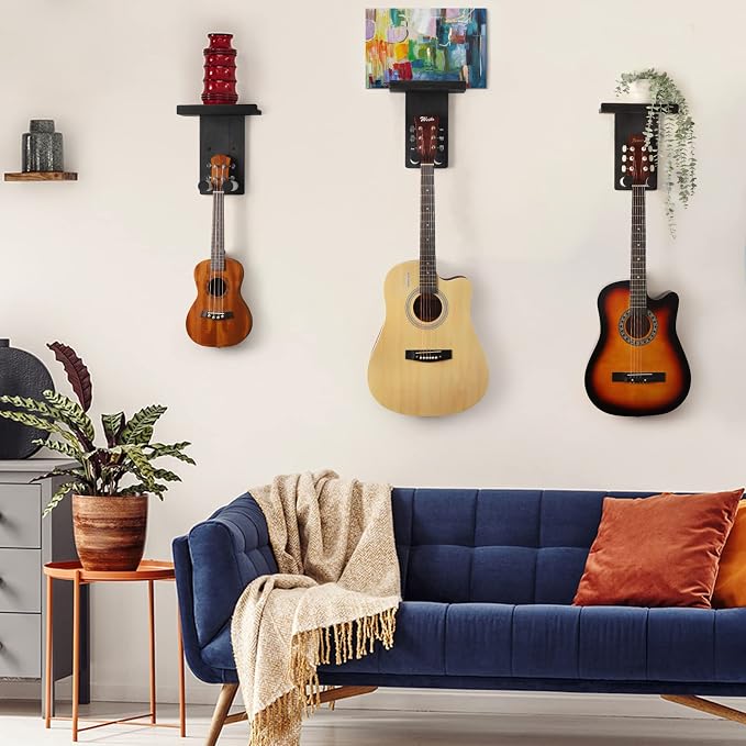 Keebofly Guitar Wall Mount 3-Pack - Rustic Wood Guitar Hanger with Pick Holder for Acoustic, Electric, Bass Guitars & Ukulele (Matte Black, Screw-Mounted) [Patented]