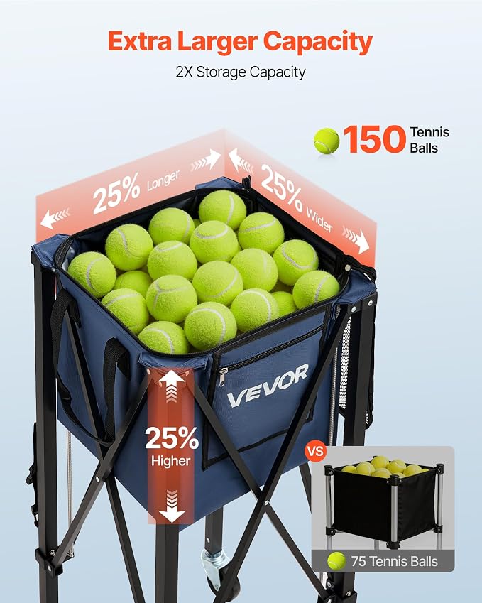VEVOR Tennis & Pickleball Hopper Holds 200/175/150/120 Balls, 3-in-1 Tennis Foldable Pickleball Basket Cart for Easy Installation, Storage Bag for Tennis Training & Teaching