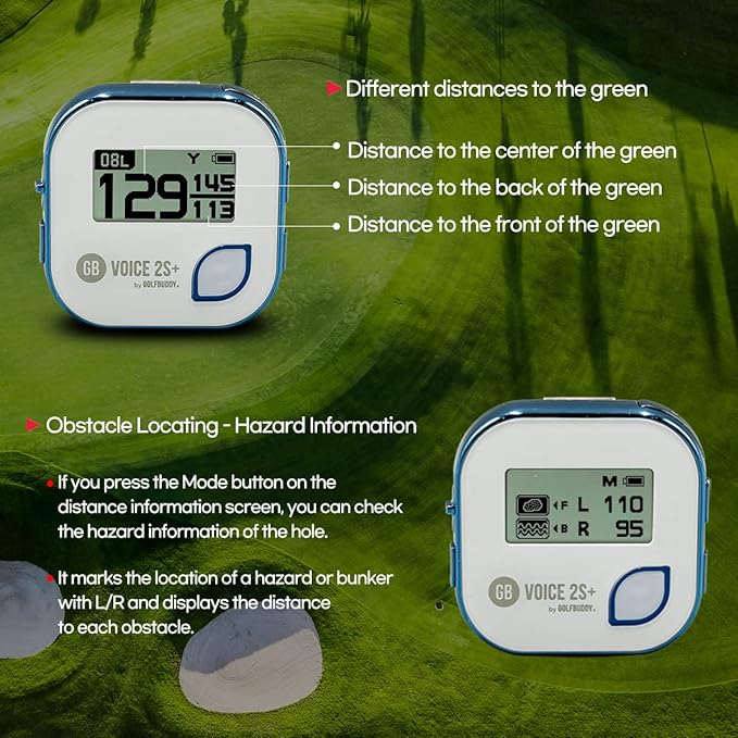 GOLFBUDDY Voice 2S+ Talking GPS Rangefinder, Clip on Hat Golf Navigation, Slope Mode on/Off, 18 Hours Battery Life, Shot Distance Measurement, Preloaded with 40,000 Courses Worldwide (Blue)