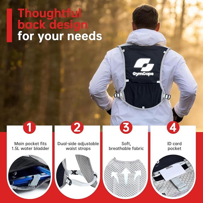 GymCope Running Vest for Women and Men, Lightweight Hydration Backpack with 500ml Soft Flask and 1.5 L Hydration Bladder, Running Hydration Vest for Marathon, Hiking, Trail and Road Running