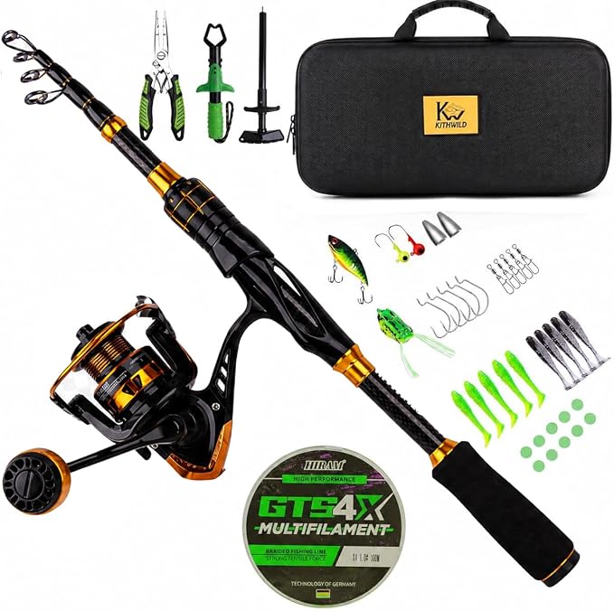 Telescoping Fishing Rod and Reel Combo with Spinning Reel, Travel Bag, Complete Starter Kit for Freshwater and Saltwater