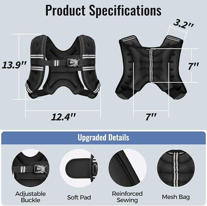 Zeerun Weighted Vest, 6lb/8lb/10lb/12lb/15lb/18lb/20lb/24lb/30lb for Men Women, Reflective Stripe Adjustable Buckle, Comfortable Durable Rucking Vest for Walking Running Strength Training