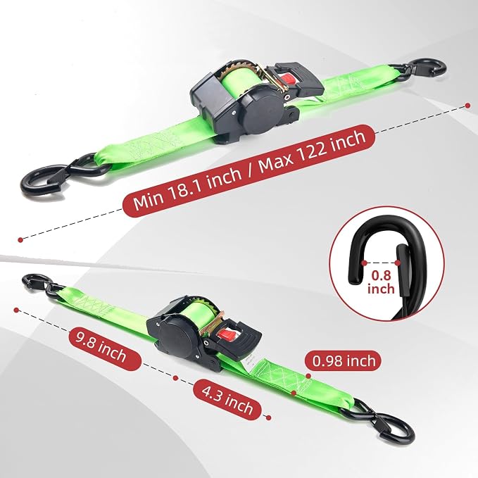 Retractable Ratchet Tie-Down Straps 1" x 10ft, 1800 lbs, Heavy Duty Tie Down Straps for Bikes Kayaks, Green, 2 Pack, Green