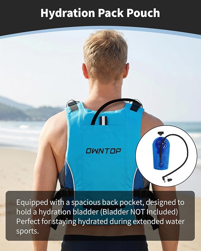 Owntop Swim Jacket Adult Youth | Hydration Pack | Dual Mesh Pockets | Attached Whistle | Ultra-Thin for Freer Movement | Kayak, Boating, Fishing, All Watersports
