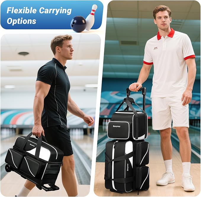 Bosynoy 3 Ball Bowling Bags with Wheels, Single Ball Tote+2 Ball Bowling Bag with Shoe Compartment (Up to US Men Size 16), Bowling Ball Bag 3 Ball Roller with Insulated Pockets, Black