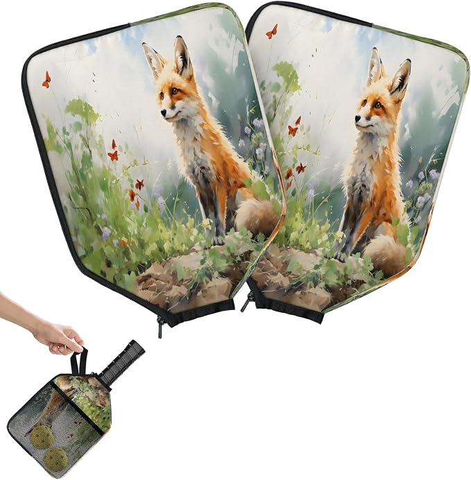 Watercolour Fox Flower Butterfly Universal Pickleball Paddle Cover 12.4 × 9.45 inch Racket Sleeve with Handle Strap Mesh Pocket Fits USAPA Standard Widebody Paddles 2 PCS