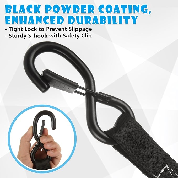 4pc 1in Ratchet Straps - Heavy Duty 20ft Tie Downs with Hooks, Black Ratcheting Straps for Motorcycle & Trucks - 2645 LBS Strength