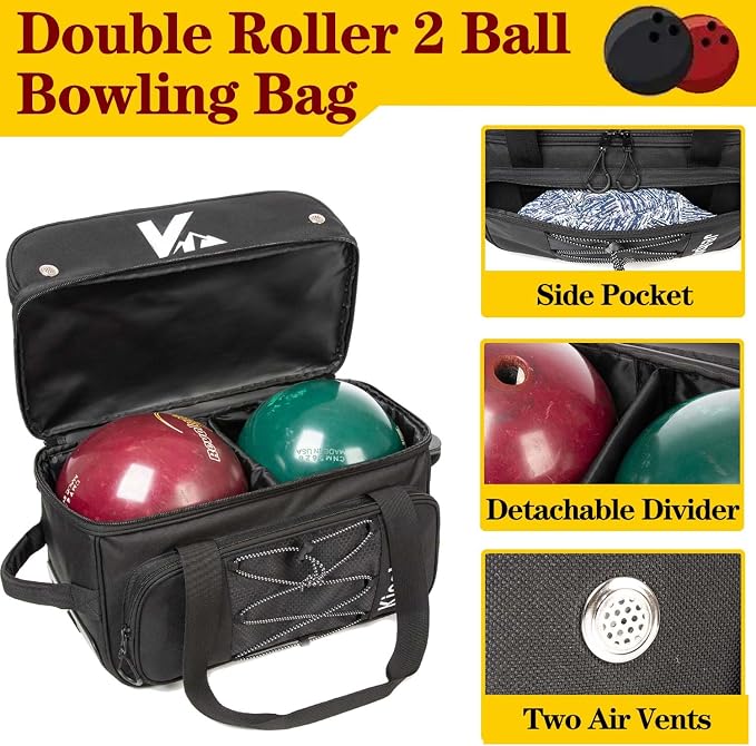 Double Roller 2 Ball Bowling Bag with Large Separate Shoe Compartment and Oversized Accessory Pocket, 36" Extendable Handle.