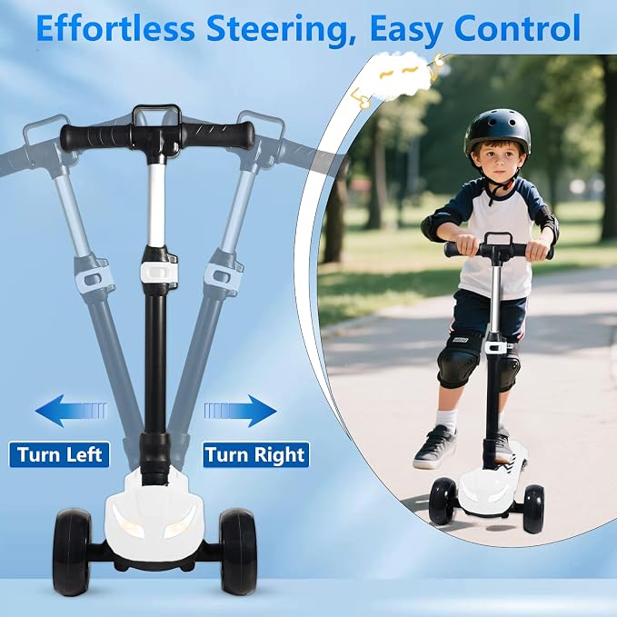 Electric Scooter for Kids Ages 3-12, Full Body Lights Up, Wide Deck, 3 Adjustable Heights, 5MPH Safe Speed, 90min Riding, Foldable 3 Wheel Electric Scooter for Kids Boys Girls Toddler