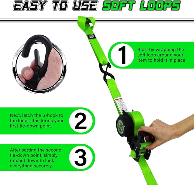 Retractable Ratchet Straps (2pk) -Patented | 1.5 in x 16 ft Heavy Duty Auto Ratchet Straps with Soft Loops | Perfect Automatic Tie Downs for Motorcycle,Kayak and Truck | Break Strength 5,000LBS/2268KG