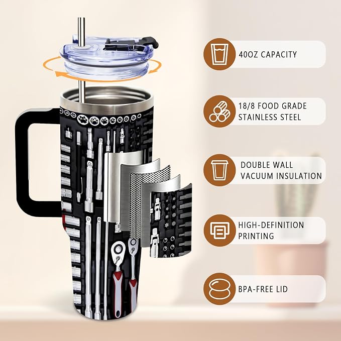 DUUV Mechanics Tumbler 40oz, Insulated Engine Print Cup Gift for Man Women | Mechanic Tumbler for Dad Car Mechanics, Mechanic Cup Leakproof Garage Decor, Father's Day Ideal Gift for Husband, 1 Pack