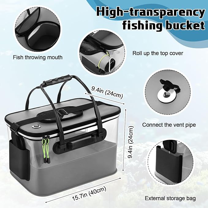 3 Pcs Fishing Bucket, Live Bait Aerator and Fishing Cast Net with Heavy Duty Sinker Foldable Live Bait Bucket Portable Quiet Aerator Fish Transport Container Outdoor EVA Bag