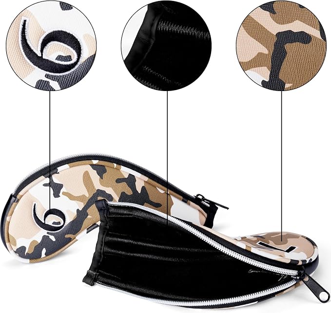 Golf Club Camo Zipper Iron Head Covers 9Pcs/Set With No. on Both Sides PU Leather Headcovers (Blue/Brown)