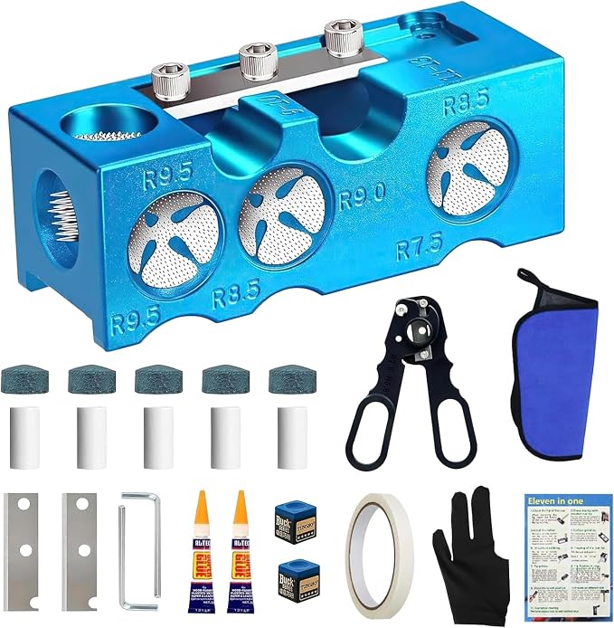 11-in-1 Pool Cue Tip Repair kit, Professional All-in-One Pool Stick Tip Tool for Shaping, Replacement, Maintenance. Tips Shaper & Scuffer kit, Pool Cue Trimmer (Blue Aluminum)