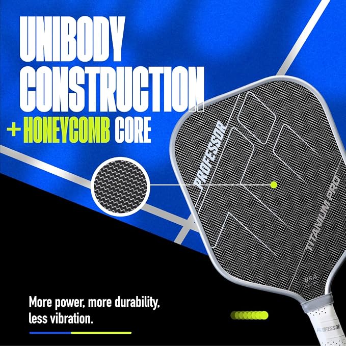 Professor PhD Raw Carbon Fiber Premium Pickleball Paddle Racket - USA Pickleball Approved - Honeycomb Core - Power & Control