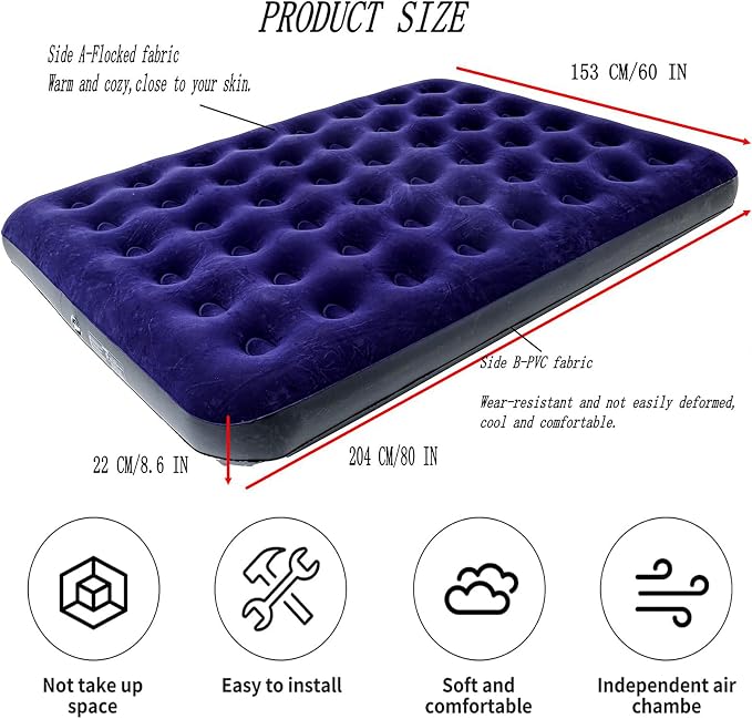 Onirii Queen Size Double Camping Air Mattress Bed with Air Pump | 80"x 60"Thickened Portable Inflatable Mattress Blow Up Air Mattress,Travel Sleeping Bed Pad for Camping Home Hiking