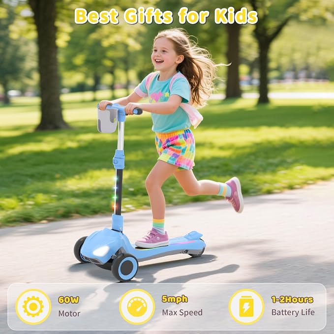 SIMATE Electric Scooter for Kids Ages 3+, 3 Wheel Balance Scooter, 3 Adjustable Heights, Foldable & LED Display & Thumb Throttle, Long Battery Life, Full Body Lights Up, Gift for Kids Boys Girls