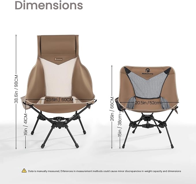 MellowCamp Folding High Back Camping Chair with Pillow, Portable Lightweight Chair Supports 374 lbs for Car Camping, RV, Tailgating, Beach, Fire Pit, Festival (Brown)