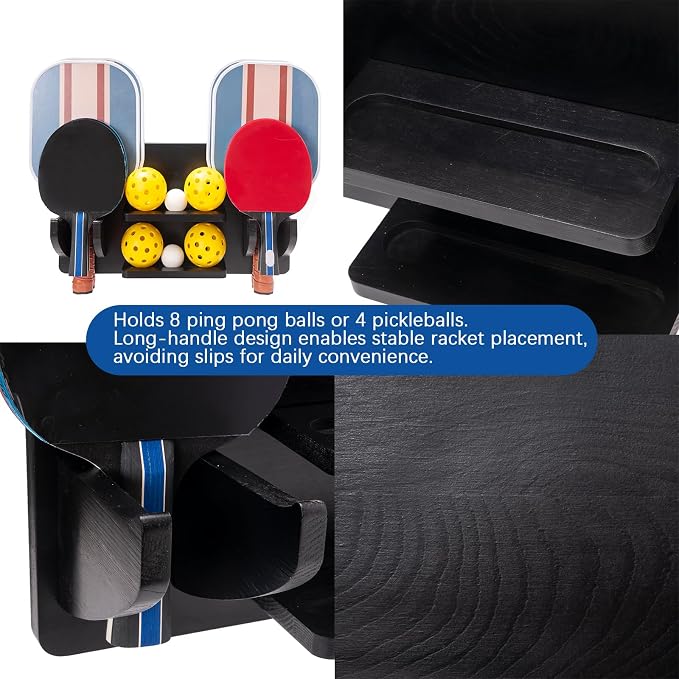 Ping Pong Paddle Storage Rack, Ping Pong Accessories Organizer Wall-Mount for 6 Paddles, 6 Pickleball Paddles and Balls, Pine Wood Table Tennis Racket Display for Game Room Bar Office Home