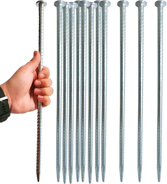 16 Inch Rebar Stakes 14 Pack - 0.5 Inch Diameter Threaded Galvanized Steel Ground Anchors - Heavy Duty Plant Support Garden Stake for Speed Bump, Wheel Stop, Tent Stakes