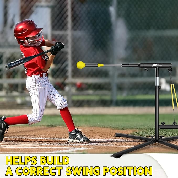 JASCOPRO Baseball Swing Trainer with 5 Power Bands,Height Adjustable 31-47 inches Baseball Hitting Trainer, Auto Reset Baseball Training Equipment Softball Swing Trainer with Metal Stakes & Carry Bag