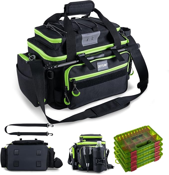 Goture Fishing Tackle Bag with 4PCS 3600 Tackle Boxes | 600D Water-Resistant, Rod Straps, Detachable Bottle Pouch,Waterproof Bottom, Freshwater & Saltwater Gear Storage Fishing Bag