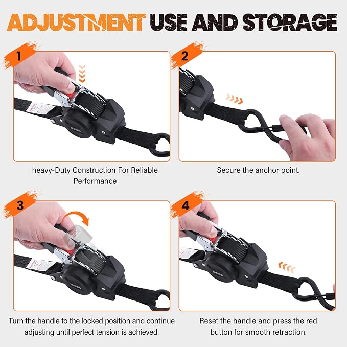 Self Retracting Ratchet Straps 1" x 10' (2-Pack) - Black Heavy Duty Tie Down Straps with Auto Retract, 1540lb Break Strength for Truck, Motorcycle, ATV, Cargo Trailer