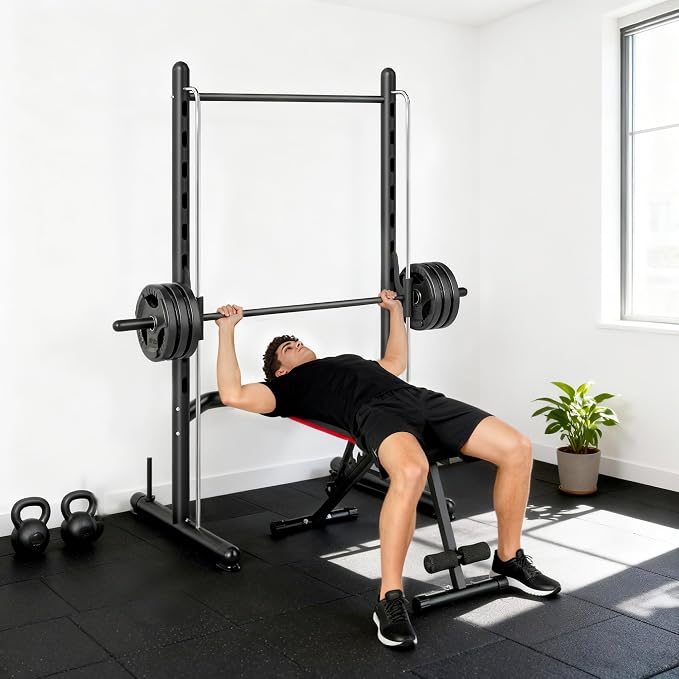 Soozier Squat Rack with Pull-Up Bar, Adjustable Power Rack with Barbell Bar, Multi-Functional Steel Bench Press Rack for Home Gym Strength Training, Black