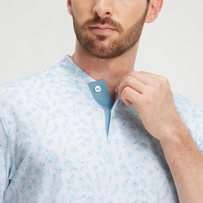 M MAELREG Golf Shirts for Men Collarless Performance Dry Fit Stretch Henley Casual Printed Mens Polo Shirts Short Sleeve