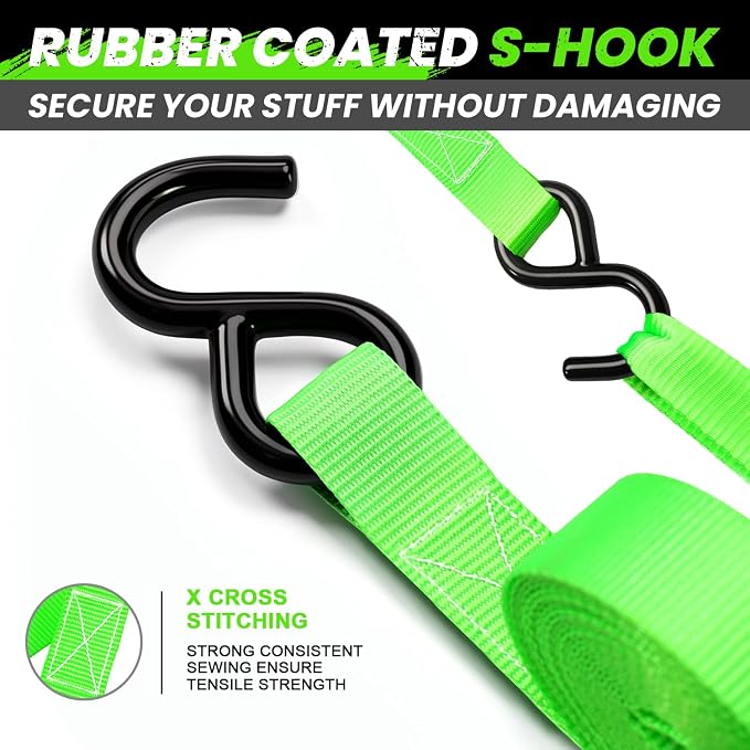 Ratchet Straps Medium Duty 4 Pack -1 Inch x 15 Feet (1,823LB Break Strength)- Motorcycle Tie Down Straps -Soft Loops with Bungee Cords- Ratchet Tie Down Set for Powersports, Motorcycle or Moving Cargo