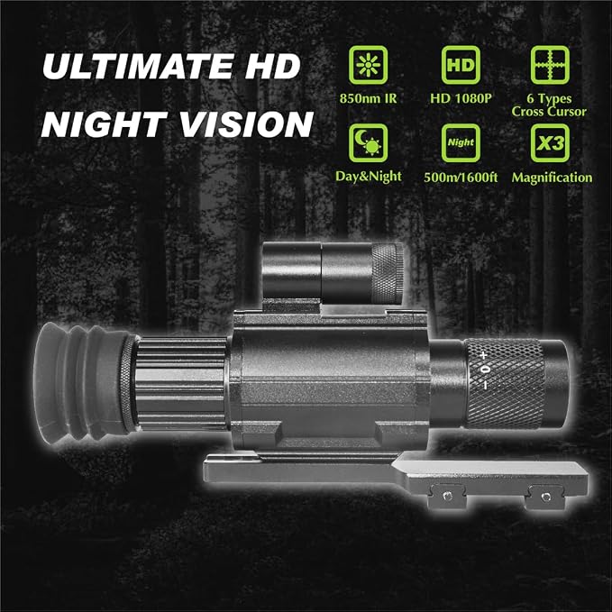 Day & Night Vision Rifle Scope Monocular with 850nm IR Fixed 3X Magnification, Digital Night Vision monocular Telescope，Hunting Wildlife Observation， Can be Used independently