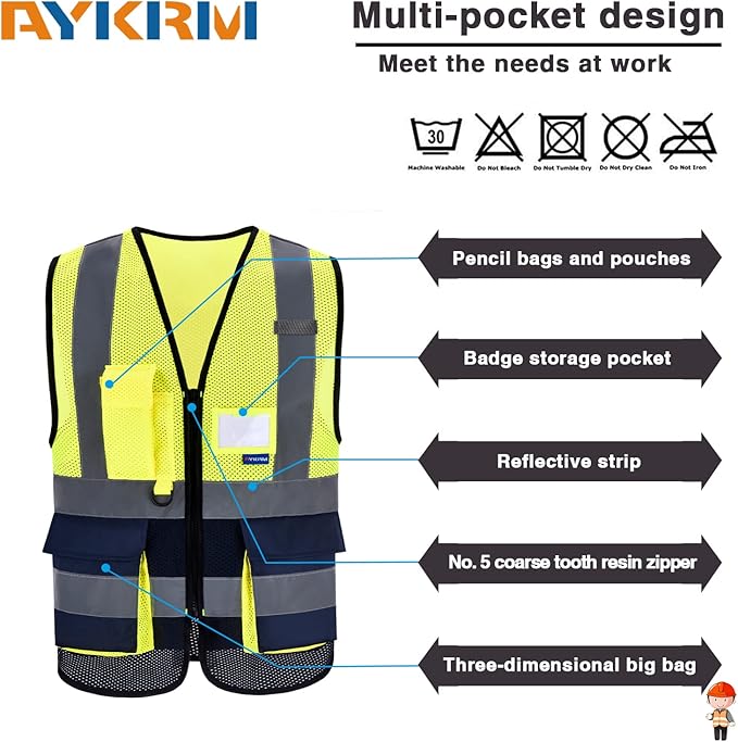 A-SAFETY High Visibility Mesh Safety Reflective Vest with Pockets and Zipper,Hi Vis Viz Reflective Safety Vest(Yellow&Navy Mesh XXXL)