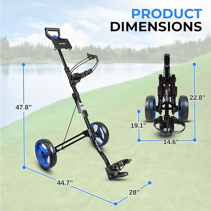 SereneLife Golf Push Pull Cart – Lightweight, Foldable, Bag Holder with Adjustable Handle, Caddy Accessories, Compact Folding Golf Trolley for Travel