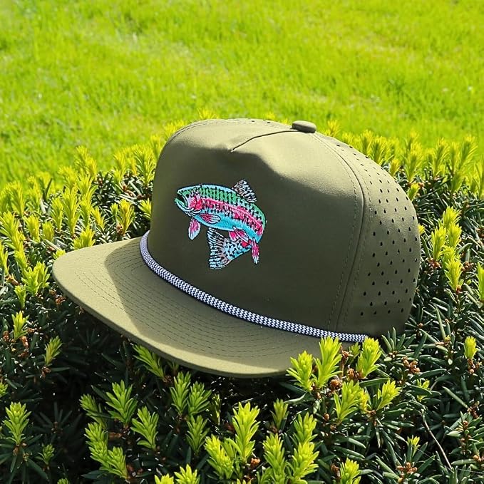 Trout Hat for Men - Dri-Fit Snapback Fishing Cap with Embroidered Rainbow Trout - Performance Laser Back Hat