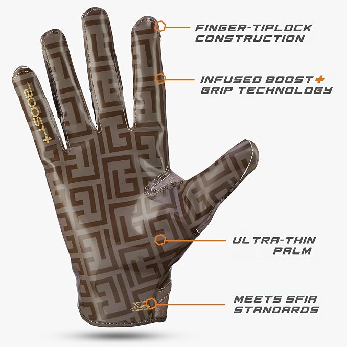 Grip Boost Football Gloves - Solid Stealth 6.0 Boost Plus Sticky Technology - Adult and Youth Football Gloves for Wide Receiver - Men's and Boys Sizes