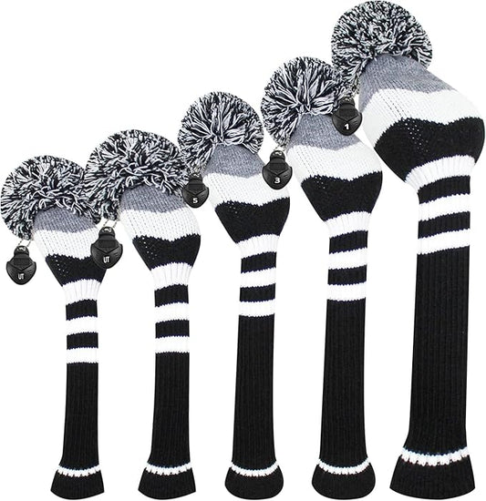 Scott Edward Knit Golf Club Cover with a Pom Set of 5 Head Covers Protect Driver Wood(460cc) 1 Fairway Wood2 and Hybrid/UT2 with Rotating Club Number Tags