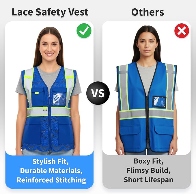 Lace-Mesh Safety Vest for Women & Men - Breathable, High Visibility Vest with Zipper & ANSI Class 2 Reflective Strips